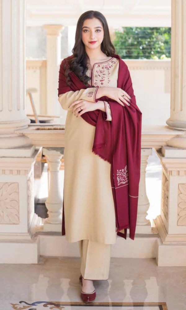 Dhanak 3pc unstitched suit with embroidered patches and embroidered shawl