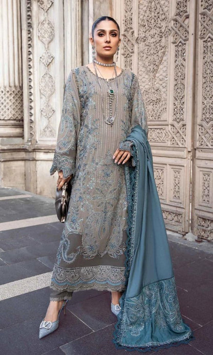 Dhanak 3pc unstitched heavy sequence embroidered suit with embroidered shawl