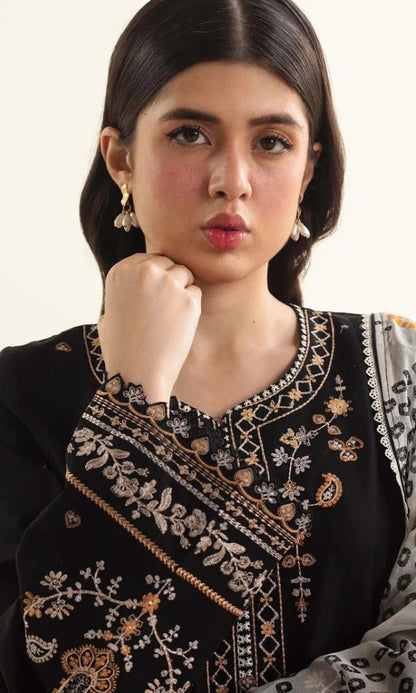 Dhanak 3pc unstitched embroidered suit with dyed silk organza dupatta