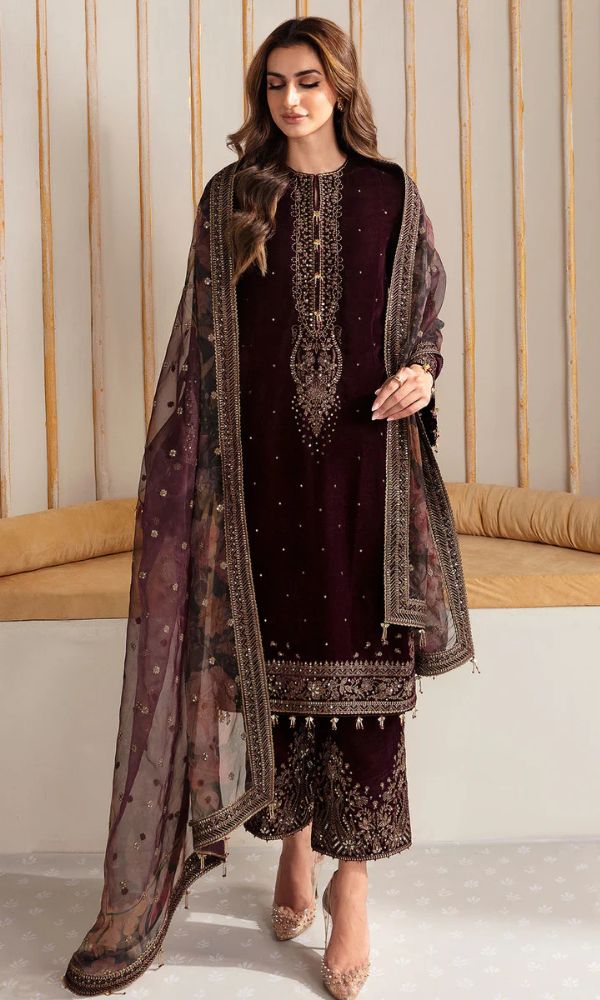 velvet 3pc unstitched heavy sequence embroidered suit with patches and embroidered dupatta and embroidered trouser
