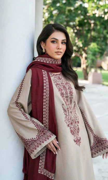 Winter collection 3pc embroidered suit with embroidered trouser and embroidered shawl