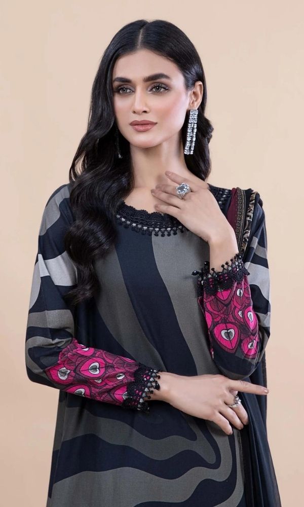 Lawn 3pc digital printed suit with patches and silk dupatta