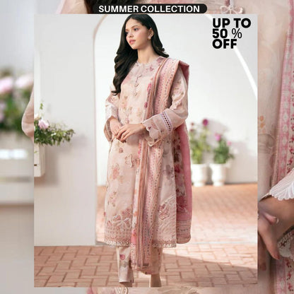 Lawn 3pc unstitched digital embroidered suit with patches