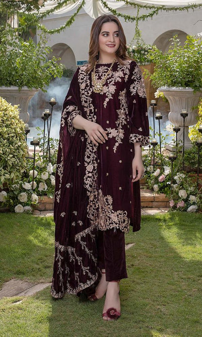 Velvet 3pc sequence embroidered shirt with velvet embroidered shawl