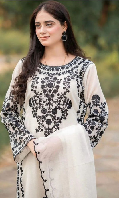 Dhanak 3pc unstitched heavy embroidered suit with dhanak embroidered shawl