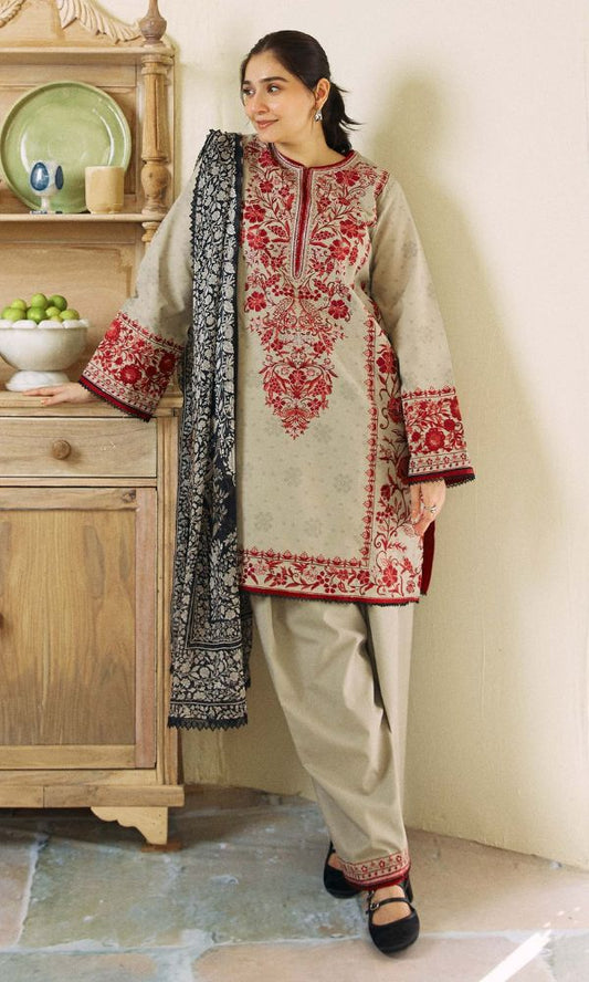 Dhanak 3pc unstitched heavy embroidered suit with digital printed wool shawl and patches