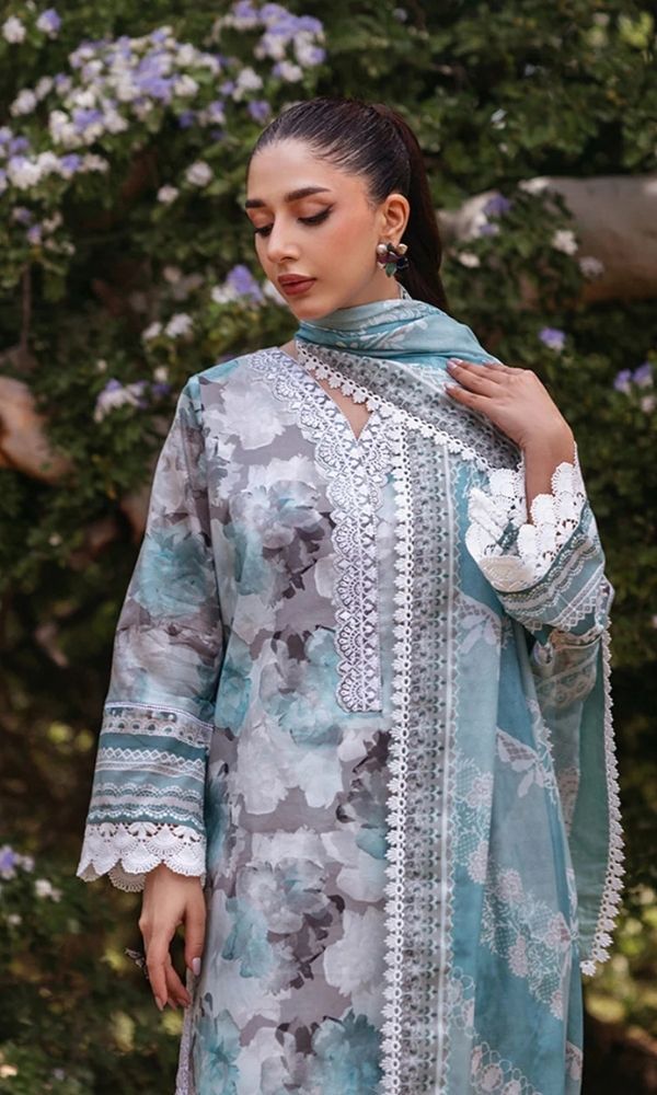 Lawn 3pc unstitched digital printed embroidered suit with embroidered patches