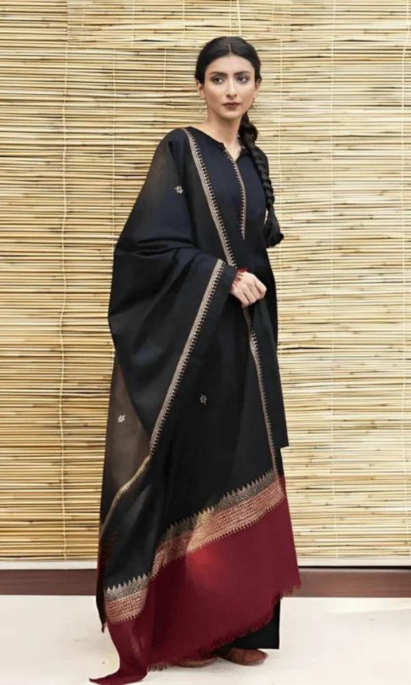 Dhanak 3pc unstitched suit with neckline and trouser patches