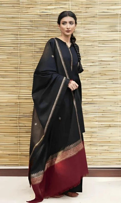 Dhanak 3pc unstitched suit with neckline and trouser patches