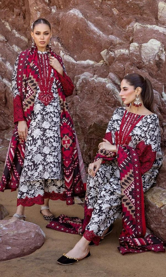 Khaddar 3pc unstitched digital printed suit with patches