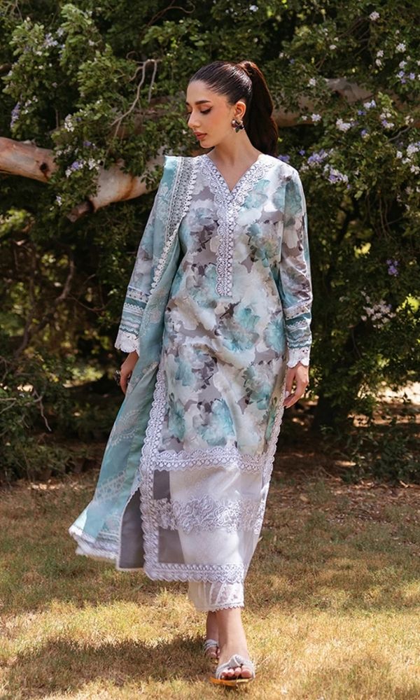 Lawn 3pc unstitched digital printed embroidered suit with embroidered patches