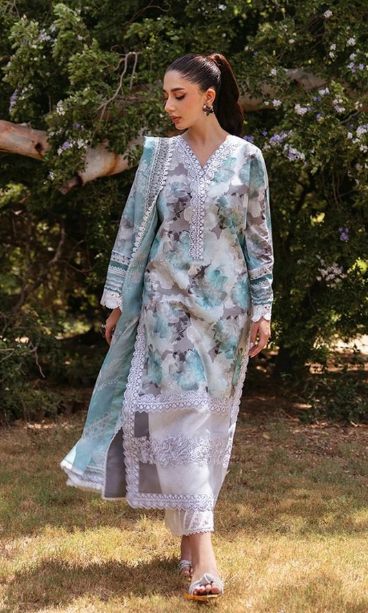 Lawn 3pc unstitched digital printed embroidered suit with embroidered patches