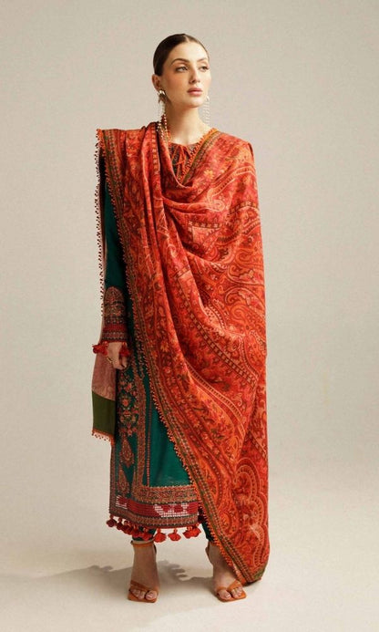 Dhanak 3pc unstitched embroidered suit with digital printed wool shawl