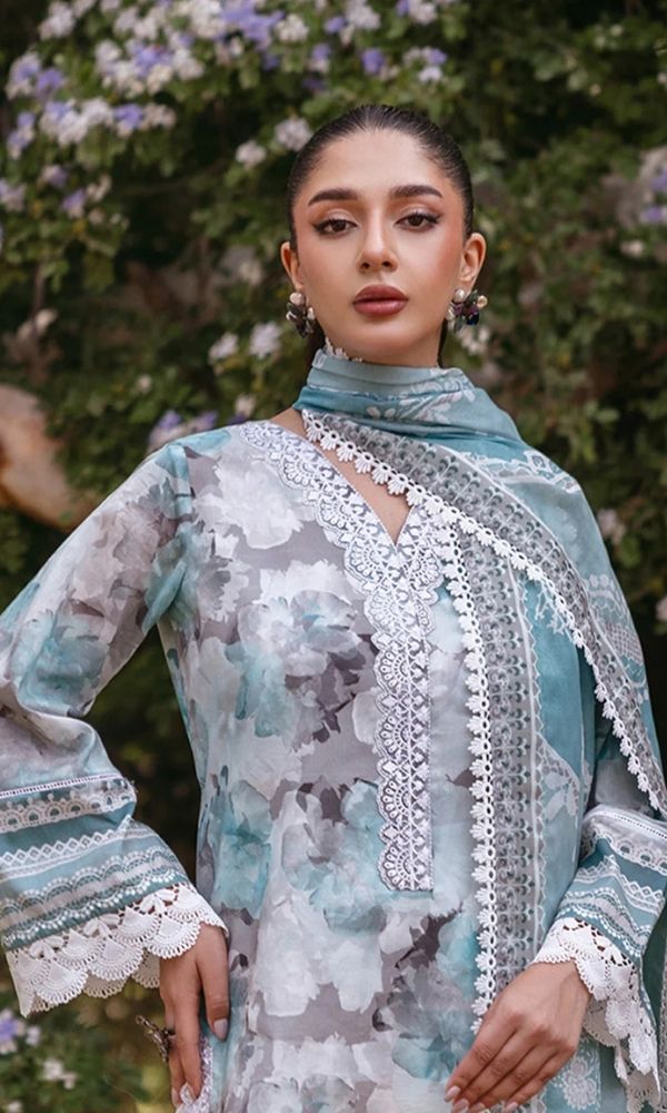 Lawn 3pc unstitched digital printed embroidered suit with embroidered patches