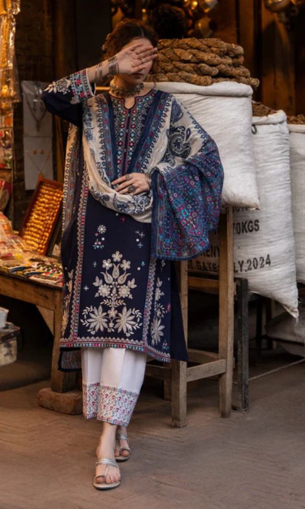 Dhanak 3pc unstitched embroidered suit with digital printed wool shawl