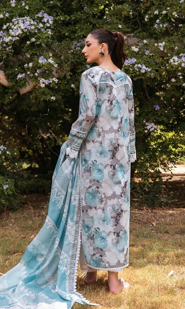 Lawn 3pc unstitched digital printed embroidered suit with embroidered patches