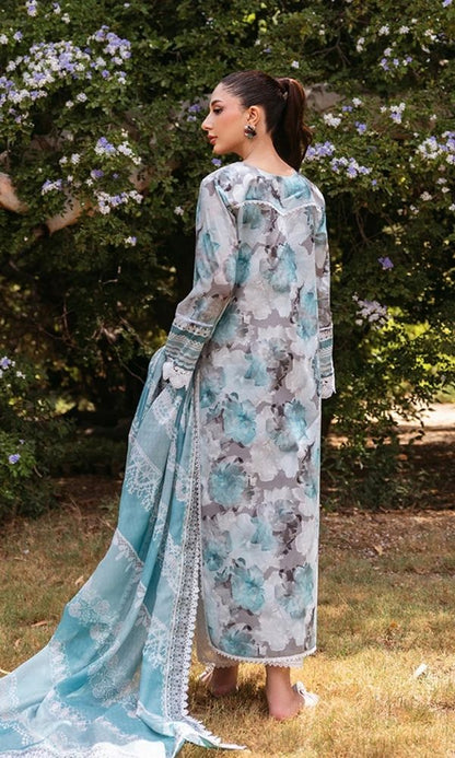 Lawn 3pc unstitched digital printed embroidered suit with embroidered patches