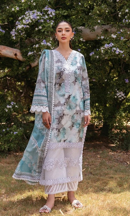 Lawn 3pc unstitched digital printed embroidered suit with embroidered patches
