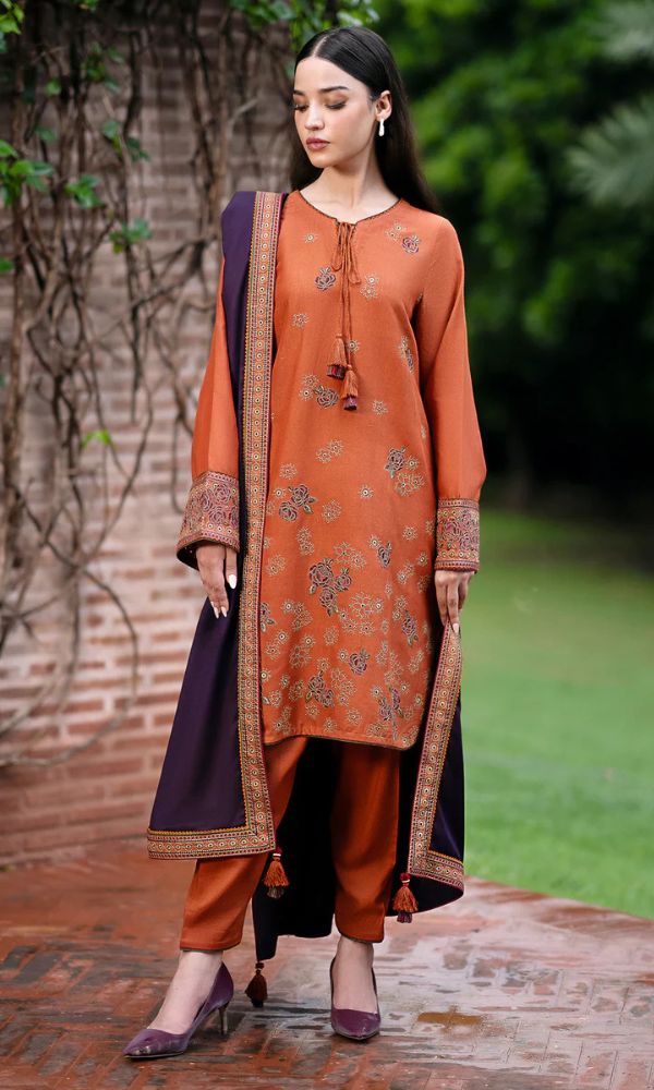 Dhanak 3pc unstitched embroidered suit with embroidered shawl