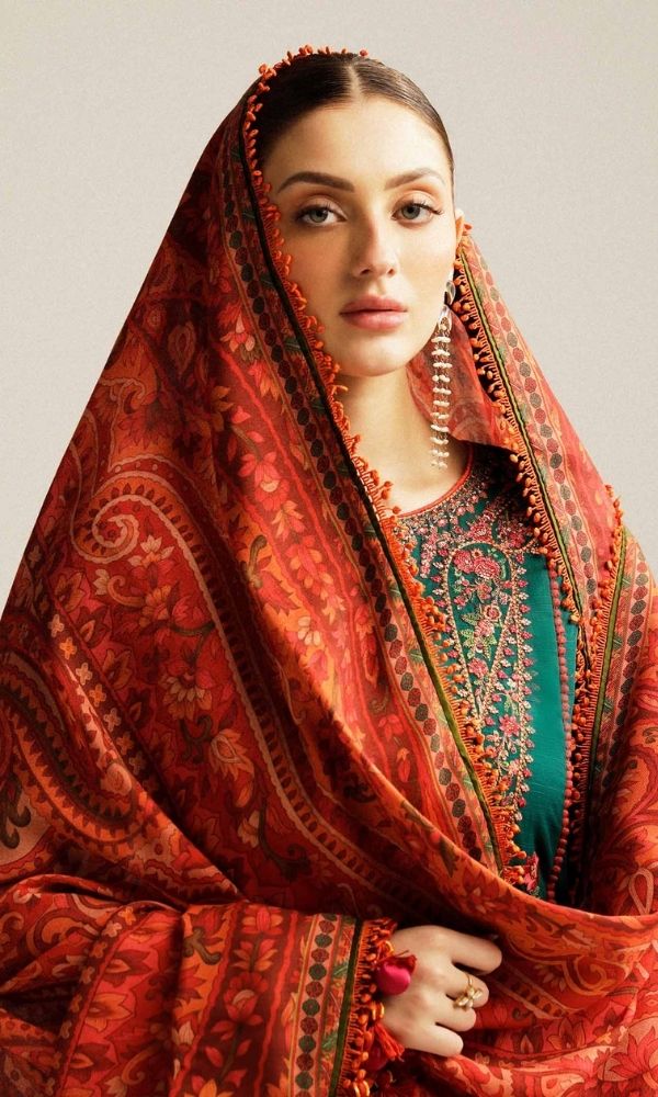 Dhanak 3pc unstitched embroidered suit with digital printed wool shawl