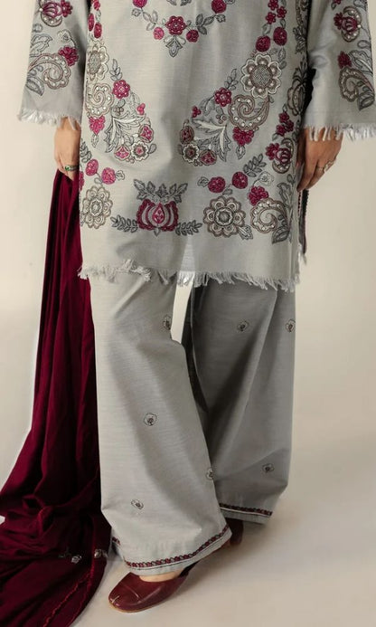 Dhanak 3pc usntitched embroiered winter collection suit with embroidered shawl