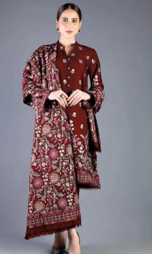 Breeze dhanak 3pc heavy embroidered shirt with heavy embroidered shawl