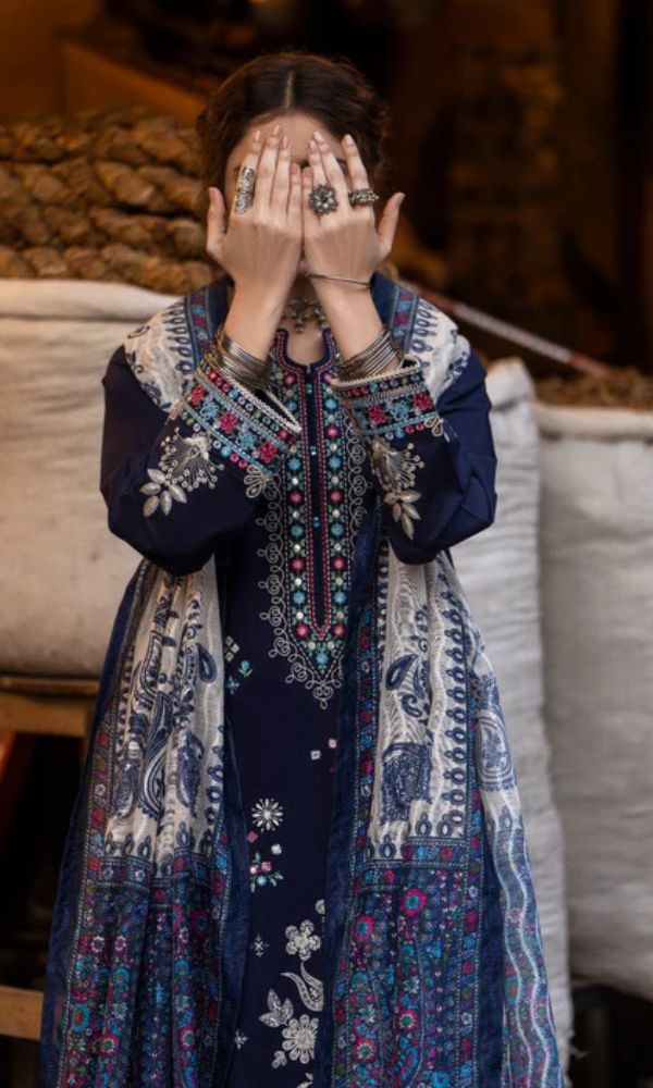 Dhanak 3pc unstitched embroidered suit with digital printed wool shawl