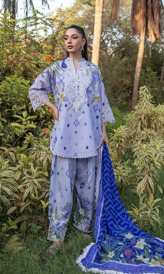 Lawn 3pc unstitched digital printed embroidered suit with embroidered patches