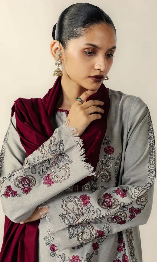 Dhanak 3pc usntitched embroiered winter collection suit with embroidered shawl