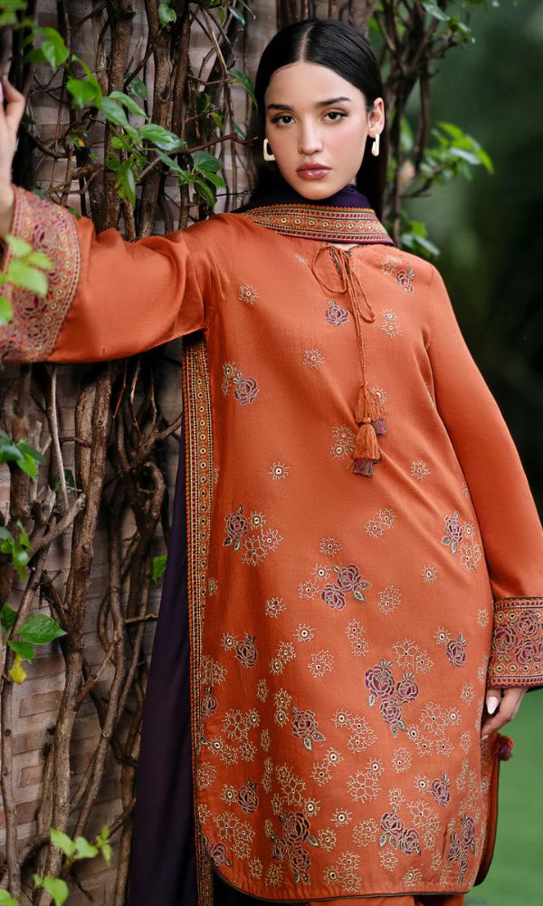 Dhanak 3pc unstitched embroidered suit with embroidered shawl