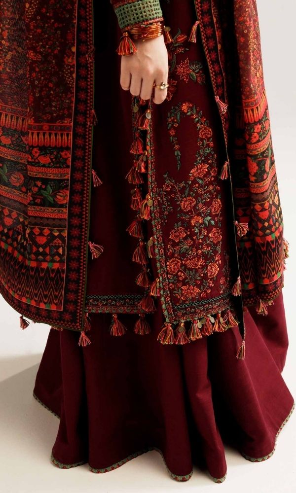 Dhanak 3pc unstitched heavy embroidered suit with digital printed wool shawl