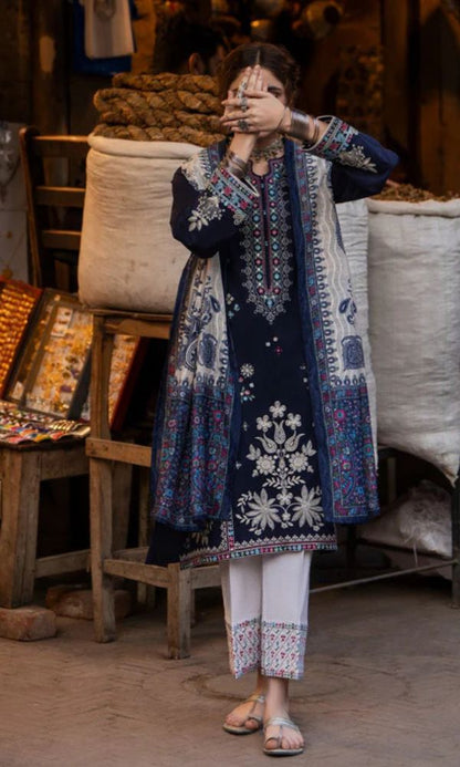 Dhanak 3pc unstitched embroidered suit with digital printed wool shawl