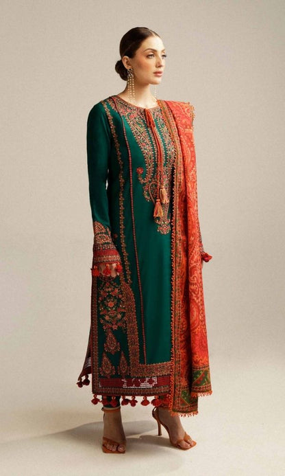 Dhanak 3pc unstitched embroidered suit with digital printed wool shawl