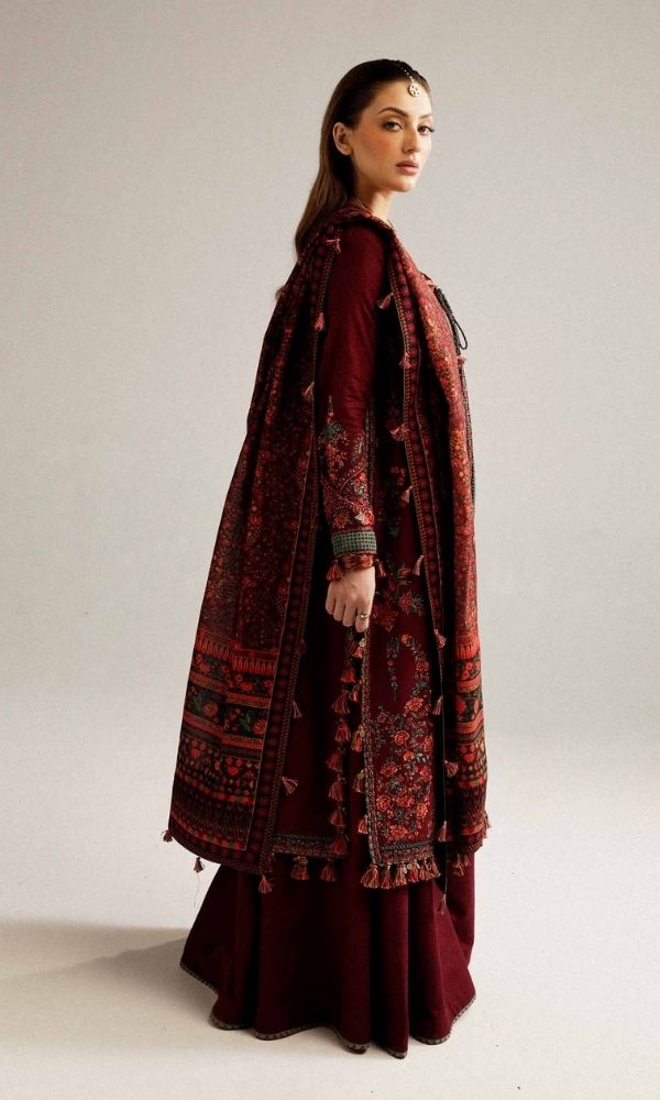 Dhanak 3pc unstitched heavy embroidered suit with digital printed wool shawl