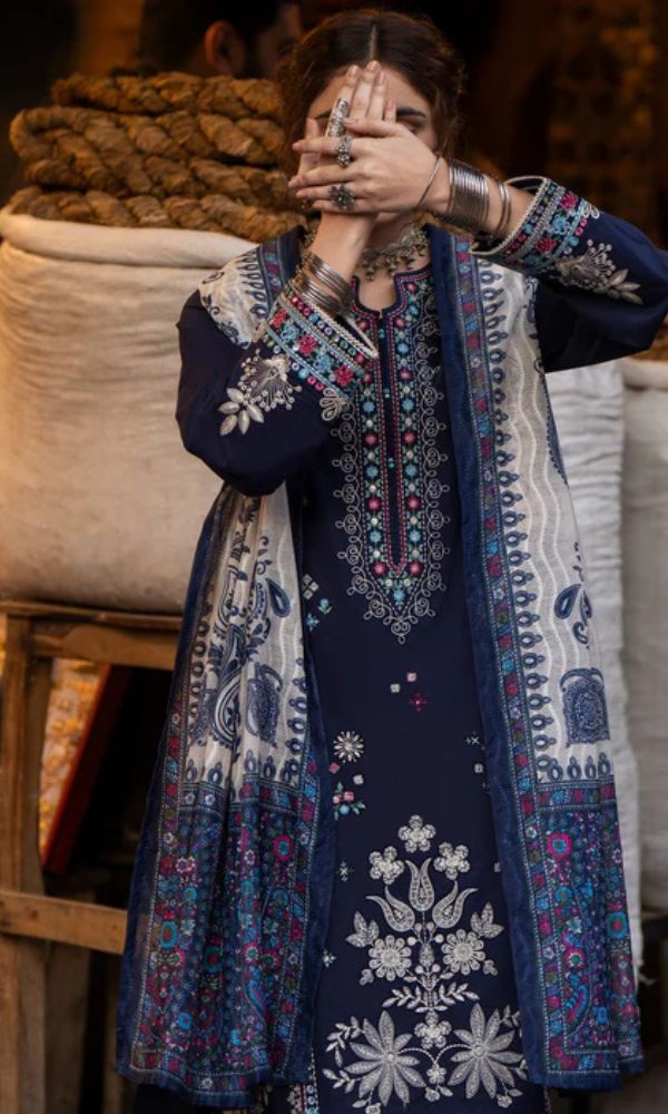 Dhanak 3pc unstitched embroidered suit with digital printed wool shawl