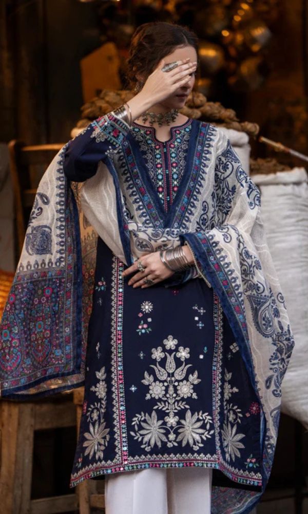 Dhanak 3pc unstitched embroidered suit with digital printed wool shawl