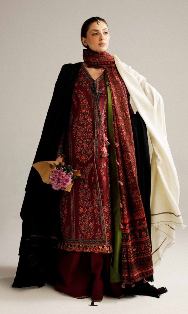 Dhanak 3pc unstitched heavy embroidered suit with digital printed wool shawl