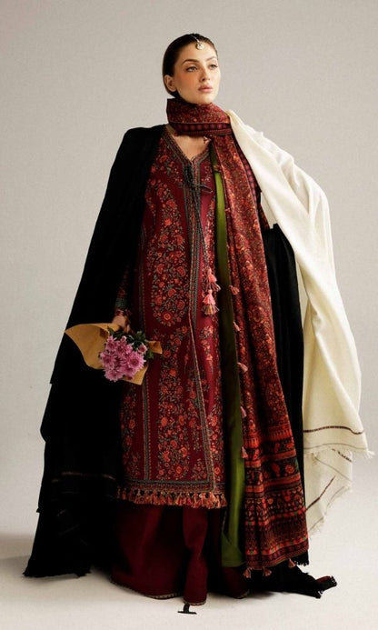 Dhanak 3pc unstitched heavy embroidered suit with digital printed wool shawl