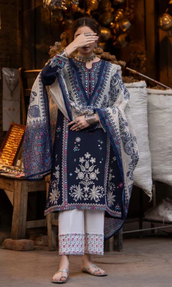 Dhanak 3pc unstitched embroidered suit with digital printed wool shawl