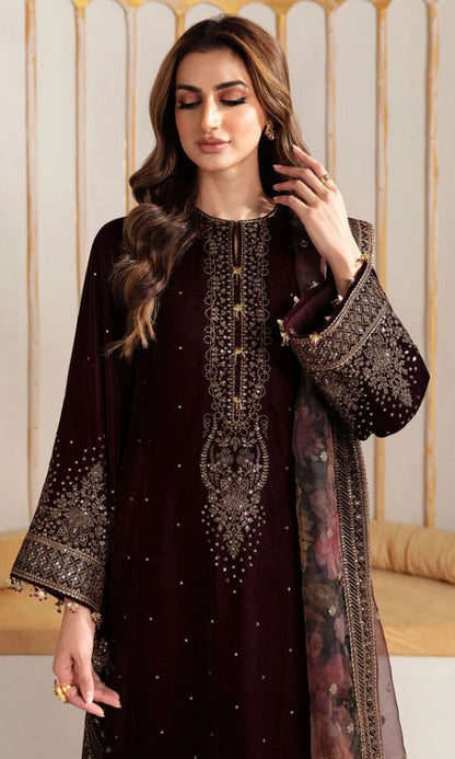 velvet 3pc unstitched heavy sequence embroidered suit with patches and embroidered dupatta and embroidered trouser