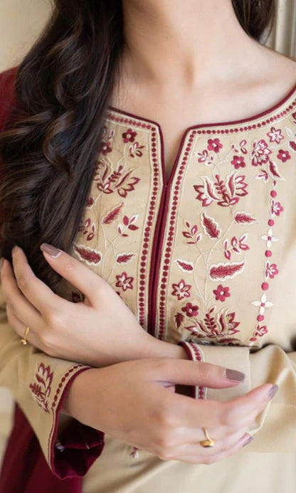 Dhanak 3pc unstitched suit with embroidered patches and embroidered shawl