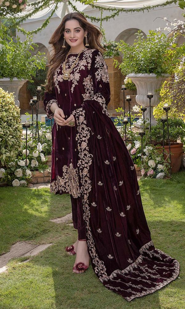 Velvet 3pc sequence embroidered shirt with velvet embroidered shawl