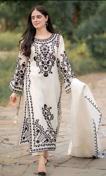 Dhanak 3pc unstitched heavy embroidered suit with dhanak embroidered shawl