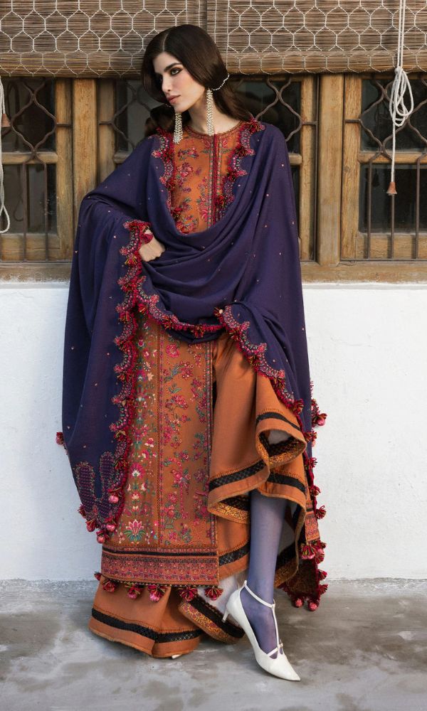 Dhanak 3pc heavy embroidered suit with embroidered shawl