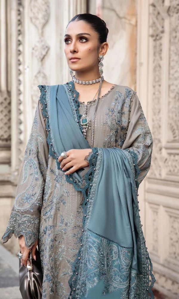 Dhanak 3pc unstitched heavy sequence embroidered suit with embroidered shawl