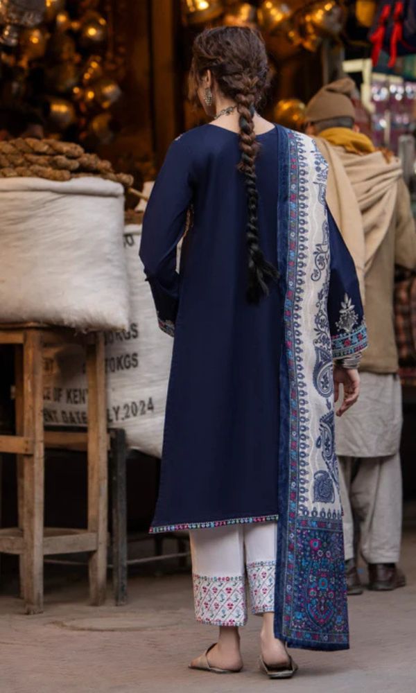 Dhanak 3pc unstitched embroidered suit with digital printed wool shawl