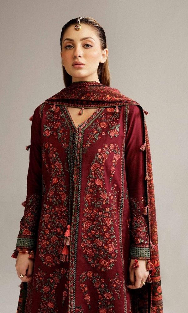Dhanak 3pc unstitched heavy embroidered suit with digital printed wool shawl