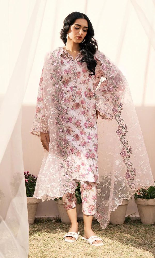 Lawn 3pc digital printed shirt with patches and embroidered dupatta