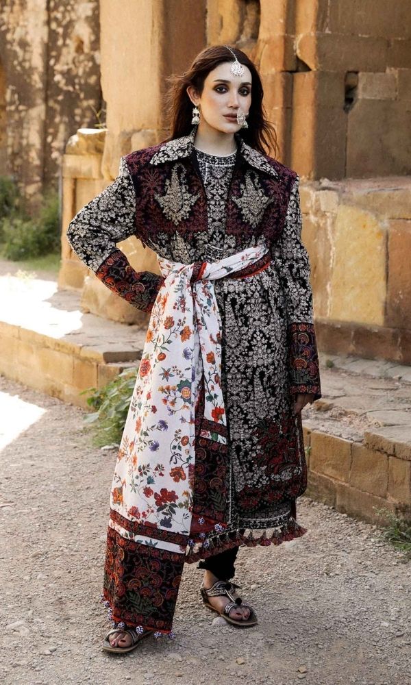 Dhanak 3pc unstitched heavy embroidered suit with digital printed wool shawl