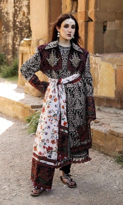 Dhanak 3pc unstitched heavy embroidered suit with digital printed wool shawl